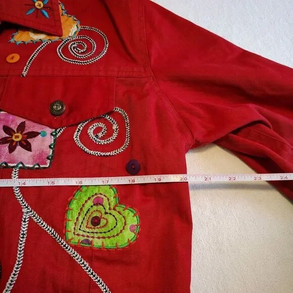 Vintage Applique Jacket Womens Mediun Wearable Art Red Patchwork Buttons - Picture 7 of 7